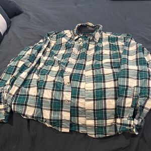 Green and White Plaid Button-Up Shirt